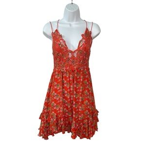 Free People Fp One Adella dress L large Mini slip Red floral Lace Ruffle Smocked